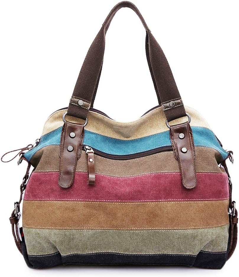 Canvas Handbag Multi-Color Striped Lattice Cross Body Shoulder Purse Bag Tote-Handbag for Women