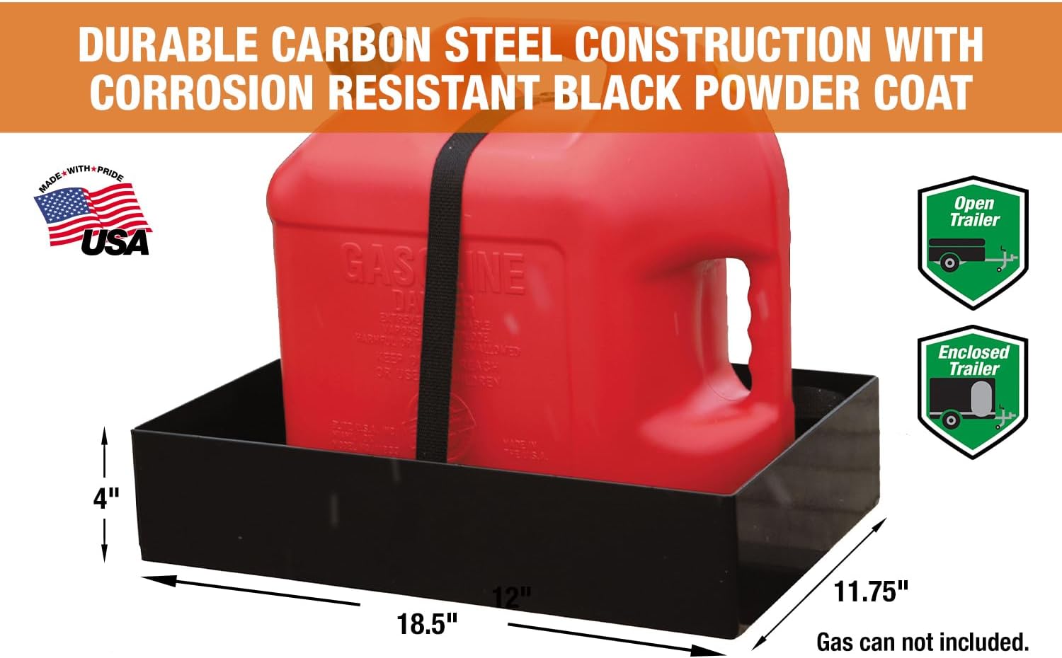 Buyers Products LT30 Gas Container Rack for Open or Enclosed Landscape Trailers, Bolt-On Carbon Steel Fuel Can Holder with Nylon Strap