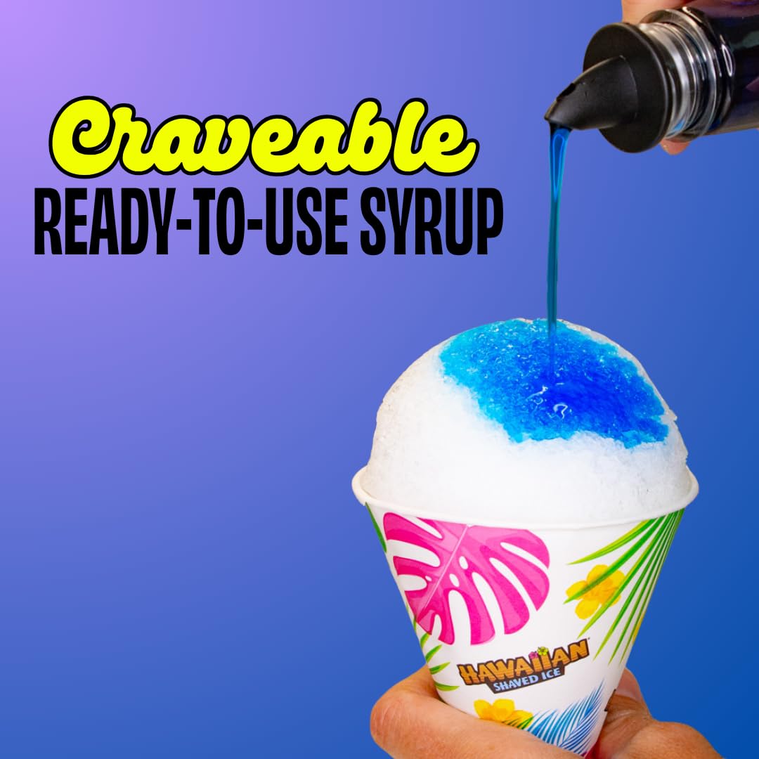 Hawaiian Shaved Ice Blue Raspberry Syrup - Made Nut Soy Dairy Free in the USA - Flavor Fluffy Shaved & Crunchy Snow Cone - Shelf Stable After Opening - Makes 8 Servings - 16 ounces