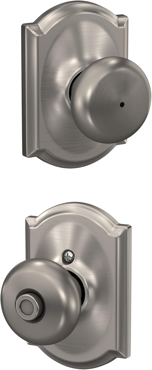 Schlage Plymouth Bed/Bath Privacy Door Knob with Lock, Satin Nickel | Interior bedroom or bathroom door knob with push button lock, Easy to install, Certified durability, Universal fit