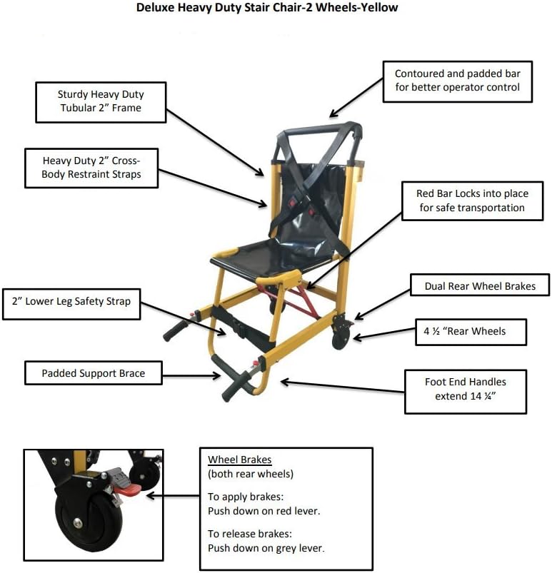 LINE2design EMS Stair Chair 70015-Y - Mobility Chair for Medical Emergency Patient Transfer - 2-Wheel Deluxe Evacuation Chair - Ambulance Transport