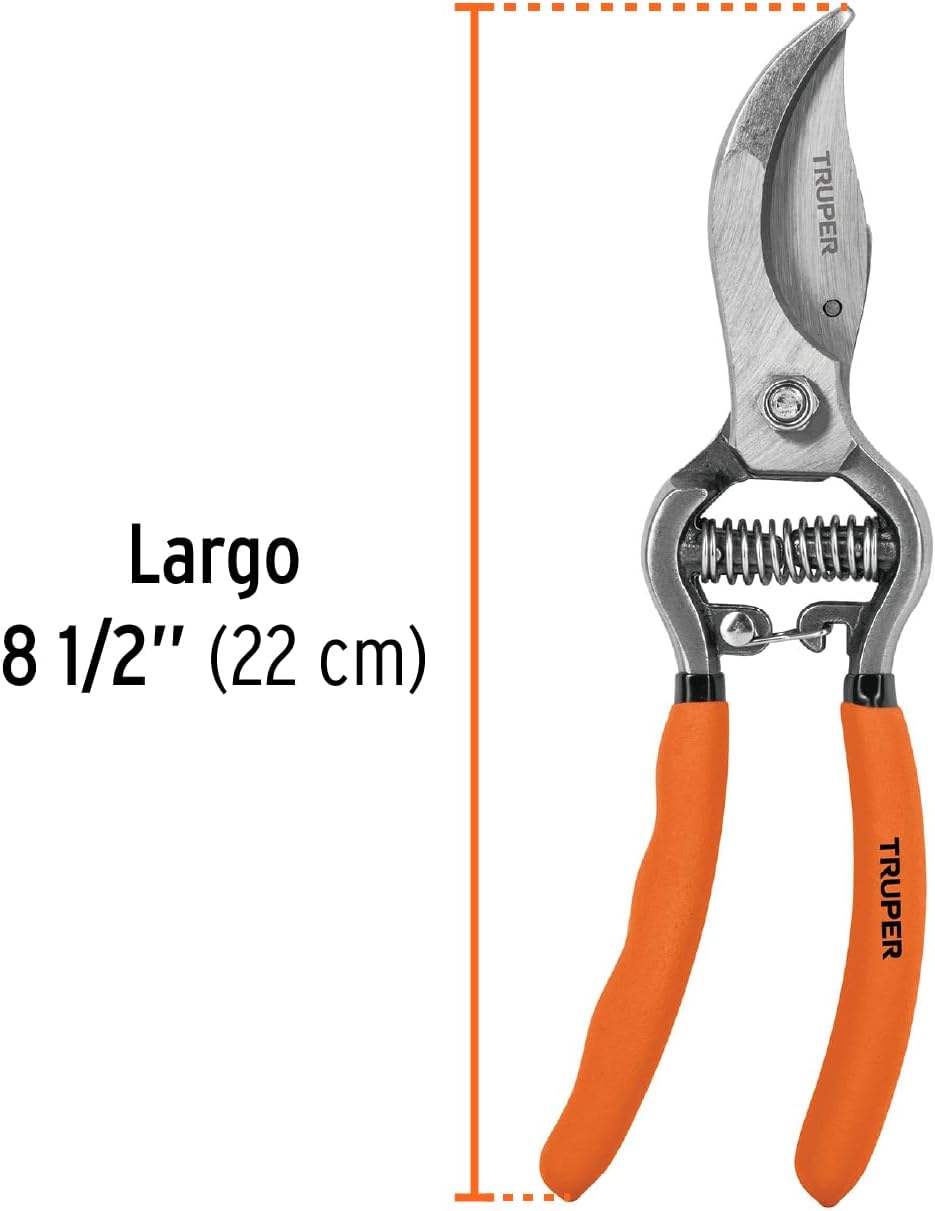 Truper Bypass Pruners, 8", Forged, Stainless Steel Blade, Serrated, Ambidextrous, Round Point, Classic, 0.35 kg, Garden Scissors