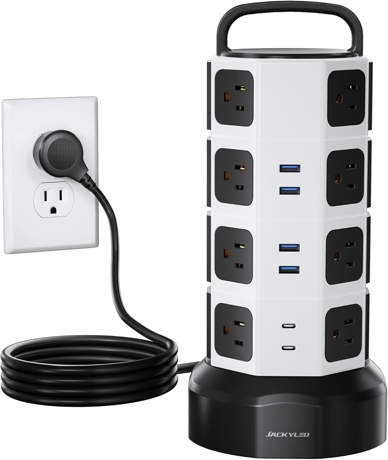JACKYLED Power Strip Tower Surge Protector, 12 AC 6 USB (2 USB C), 1050J