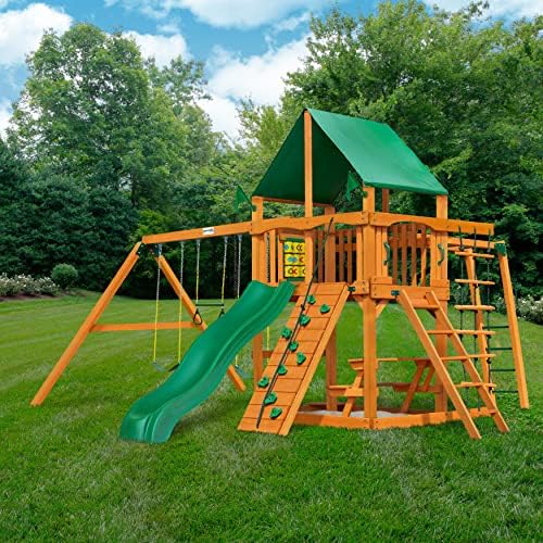 Gorilla Playsets 01-0020-AP-1 Navigator Wooden Swing Set with Deluxe Green Vinyl Canopy, Monkey Bars, Swings, and Slide, Brown