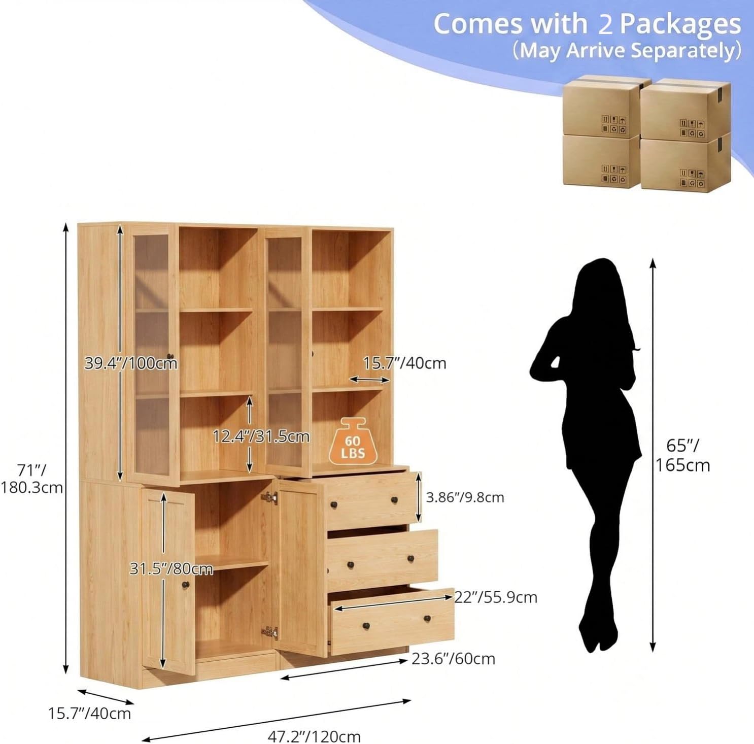 TUSY 71" H Bookcase with Storage | 6-Tier Modern Bookshelf with Drawers, Display Bookcase with Glass Doors, White Curio Cabinet for Home Office, Living Room