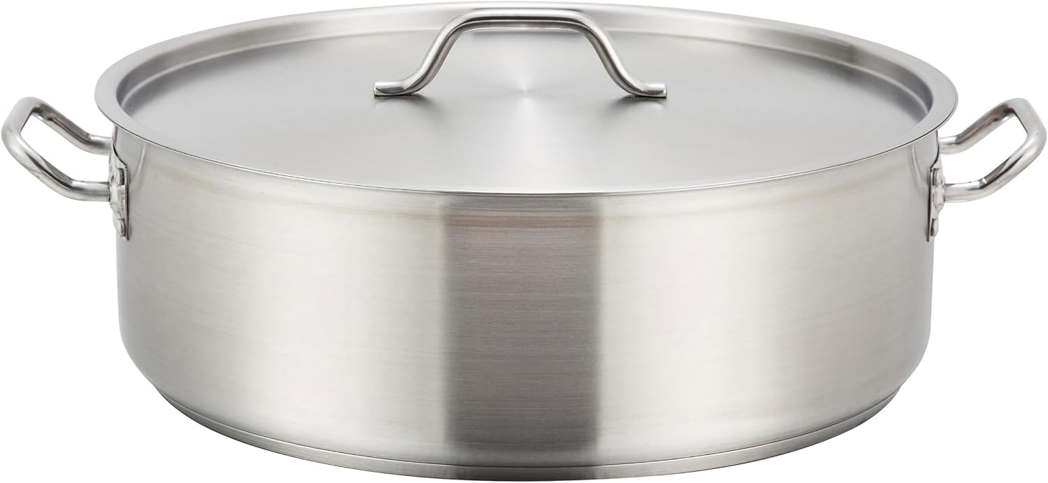 Winco 15 qt Stainless Steel Brazier Pan with Lid | Flat bottom, Wide base, Riveted handles, Induction safe, Great for Braising, Simmering, Batch Cooking and Restaurant Kitchens