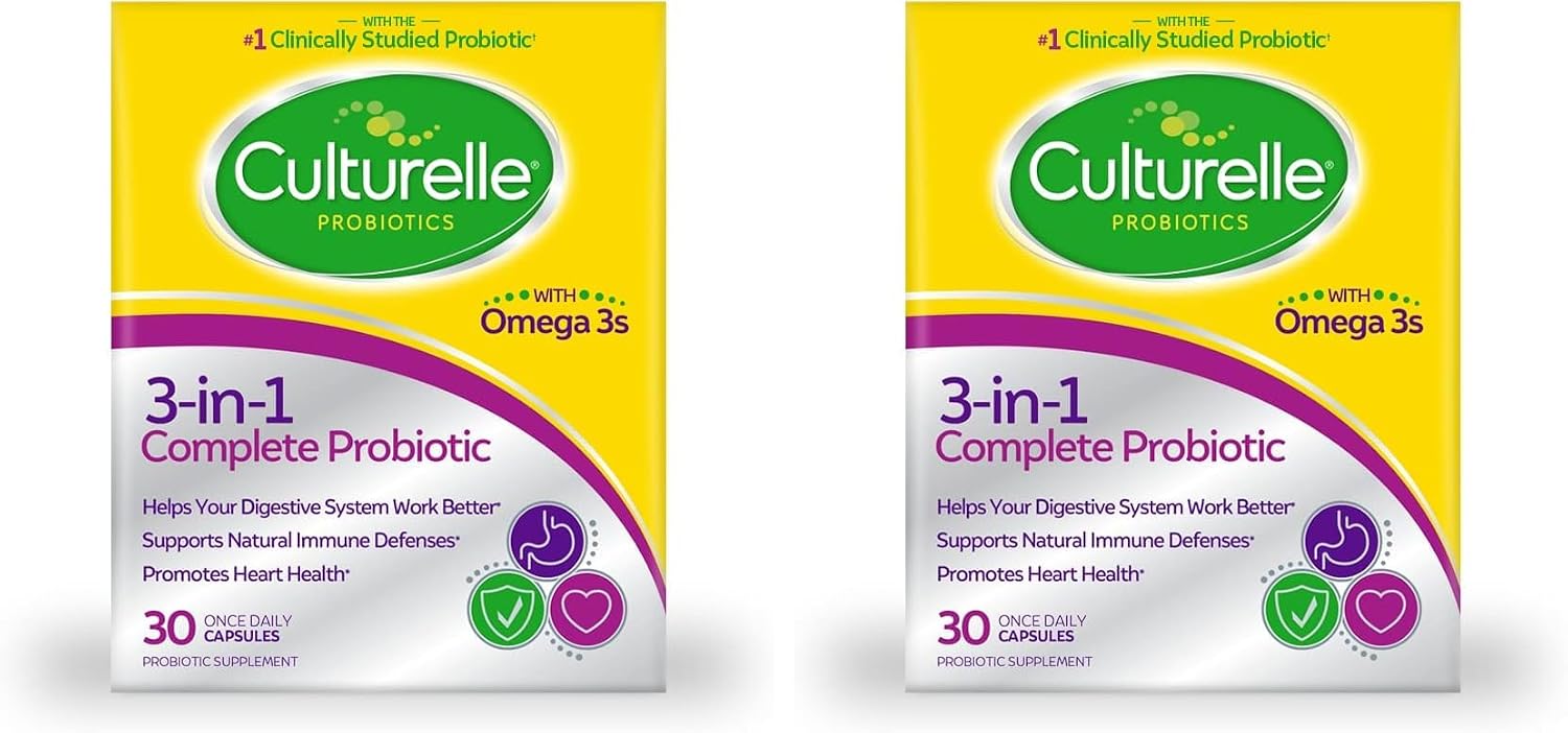 Culturelle 3-in-1 Complete Probiotic + Omega 3's Once Daily, 30 Count | 10B Live Cultures of Lactobacillus rhamnosus GG, Omega -3 Fish Oil, Immune & Heart Health Support*, Once Daily, Non-GMO