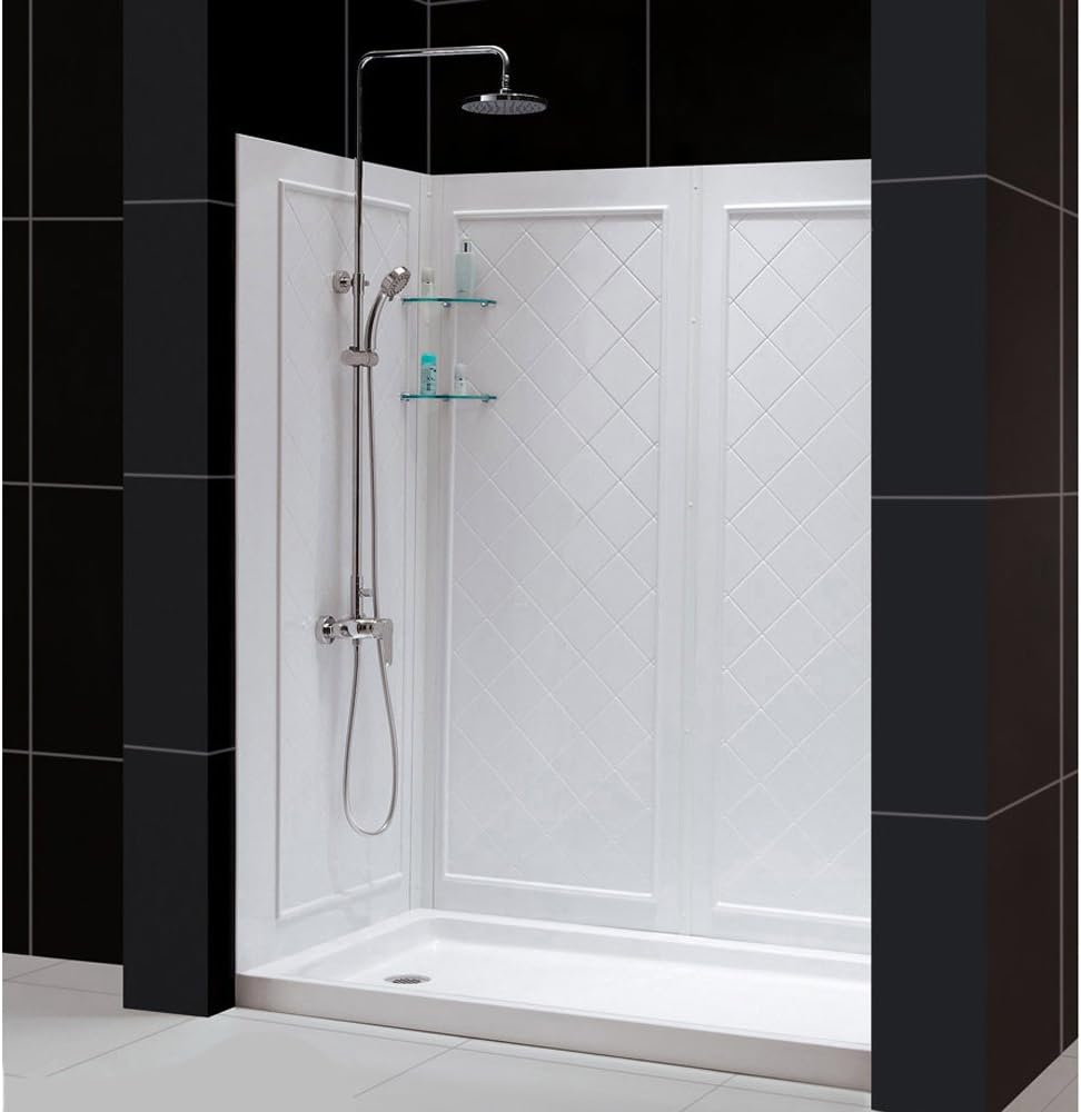 DreamLine 32 in. D x 60 in. W x 76 3/4 in. H Left Drain Acrylic Shower Base and QWALL-5 Backwall Kit In White, DL-6190L-01