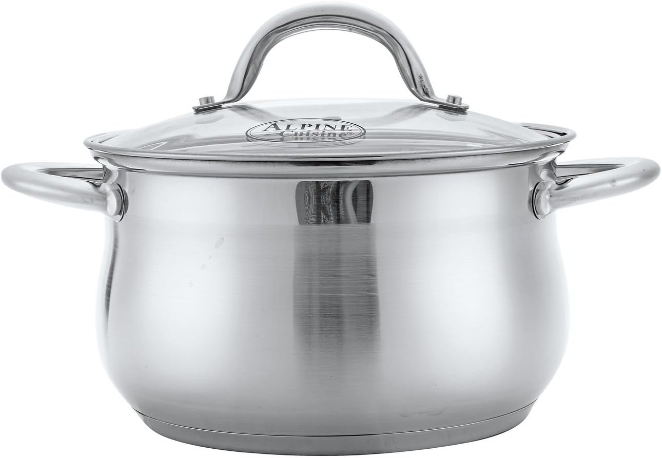 Alpine Cuisine 2-Quart Stainless Steel Dutch Oven with Tempered Glass Lid, Belly Shape, Heavy Duty & Dishwasher Safe