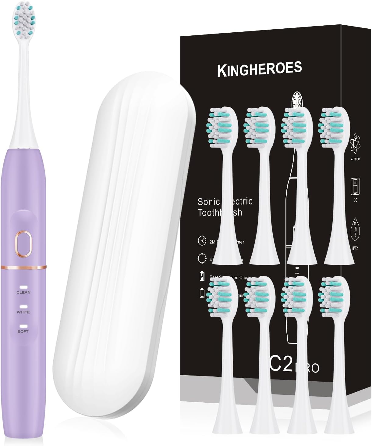 kingheroes Electric Toothbrush Set, Comes with 8 Brush Heads & Travel Case, 4 Modes with 2 Minutes Built in Smart Timer, One Charge for 60 Days