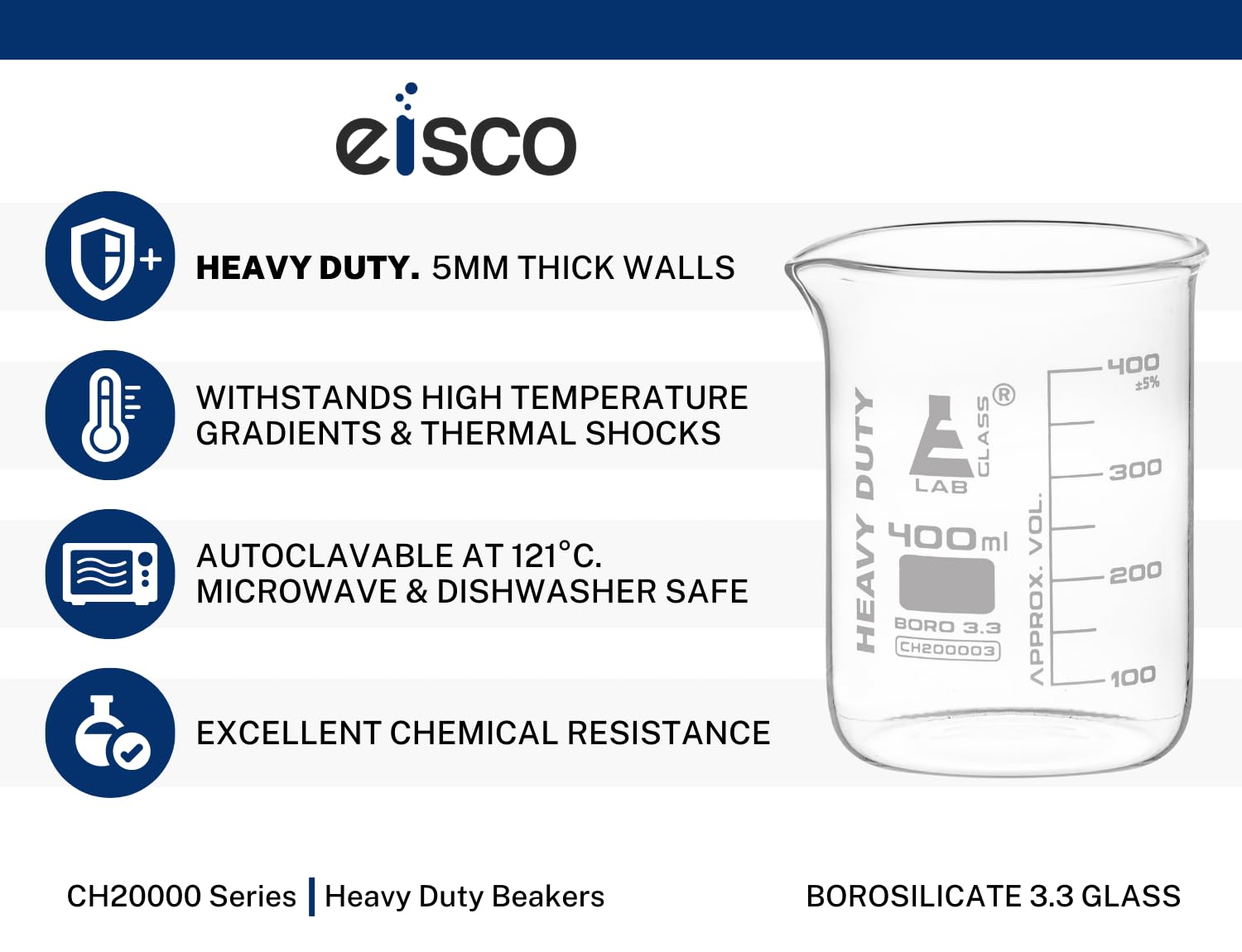 Eisco Measuring Beaker, Borosilicate 3.3 Glass, White Graduations, 50ml | Heat & Chemical Resistant, Thermal Shock Ready, 2.2mm Uniform Walls