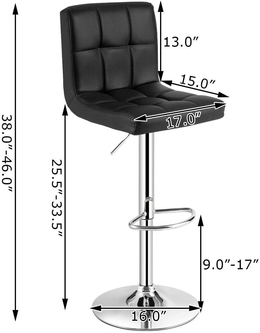 COSTWAY Bar Stool, Modern Swivel Adjustable Height PU Leather Barstools with Back, Square Armless Counter Height Bar Chair for Kitchen Island Dining Living Bistro Pub Counter, Black