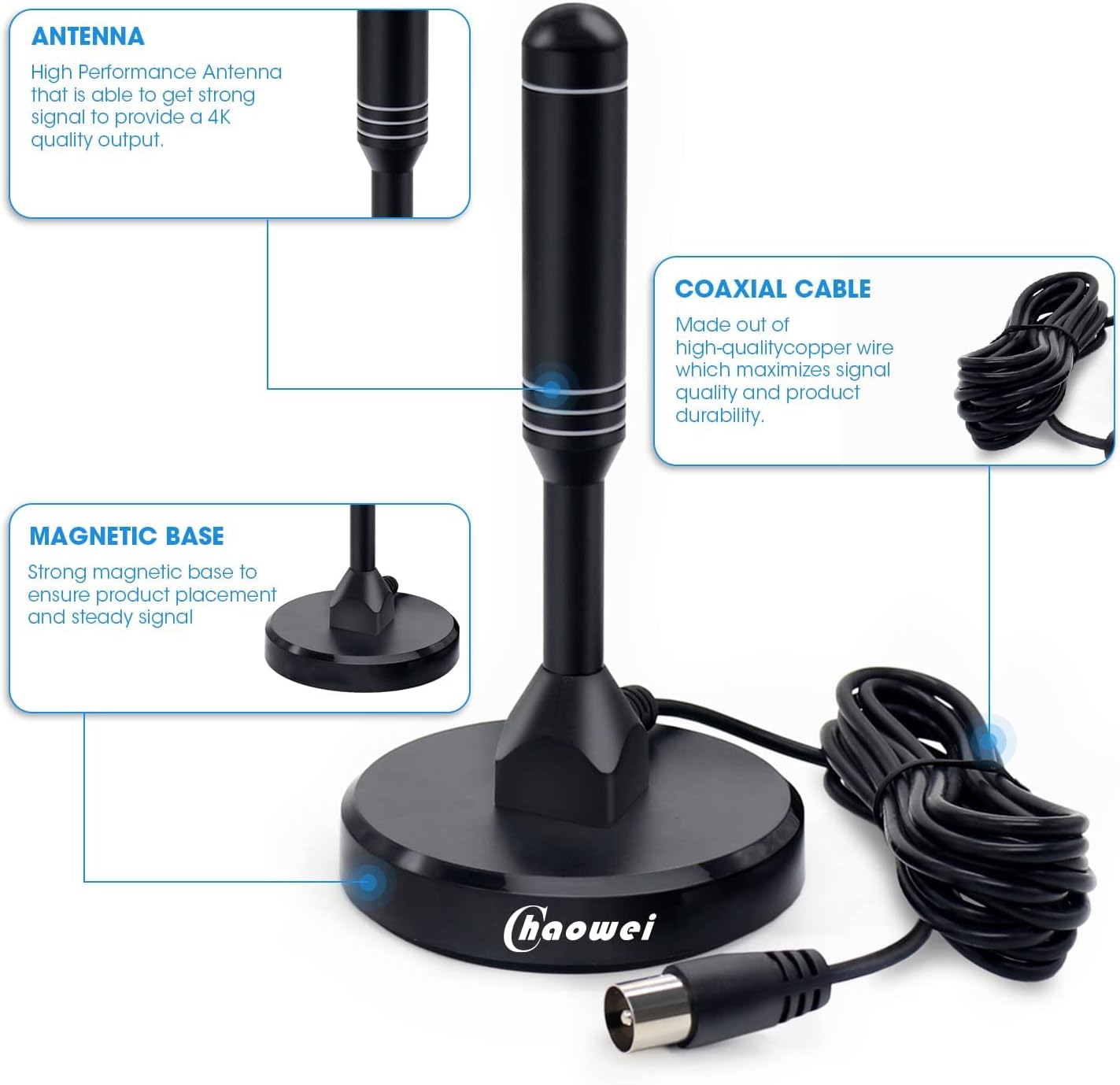 Chaowei 2026 TV Antenna for Smart TV Indoor (16.5ft) Cable | Long Range HD Digital Antenna for Local Channels with Strong Magnetic Base, 360° Reception, Supports 4K 1080P HDTV
