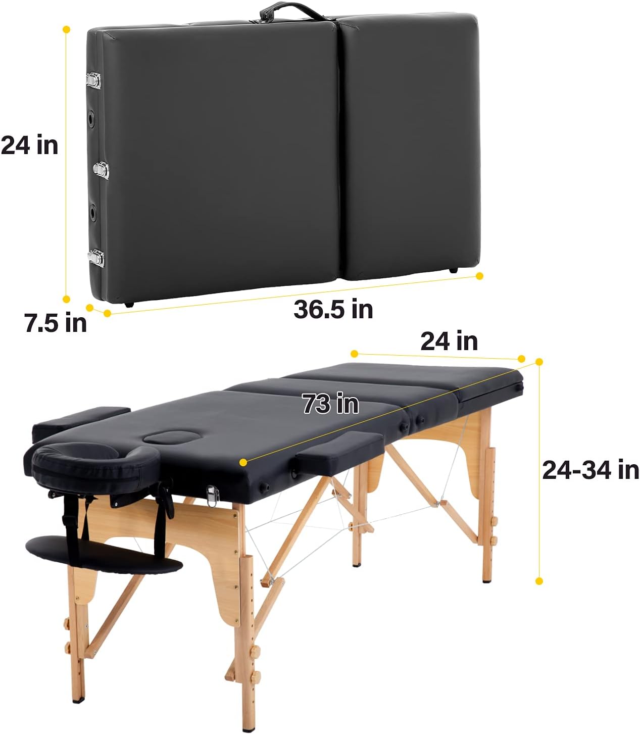 BestMassage | Portable Massage Table | 24" Wide, Black PU Leather | Lightweight, 2-Fold Massage Table with Height Adjustment, 450lbs Capacity, Carry Bag | For Massage, Facial, Tattoo, Home, Spa