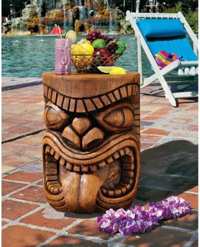 Design Toscano Grand Tiki Face Kanaloa Teeth Indoor/Outdoor Side Table Statue, Patio, Bar, Den, 20 inch tall, Cast Stone Resin, Woodtone Finish