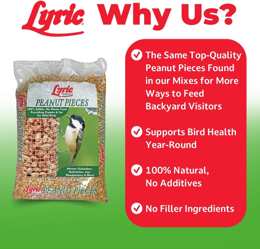 Lyric Peanut Pieces Wild Bird Seed 15 lb Bag - Shelled Peanuts Wild Bird Food for Outside Feeders - Attracts Titmice, Woodpeckers, Chickadees & More | Lyric Peanut Pieces Wild Bird Seed - Shelled Peanuts, 15 lb. Bag