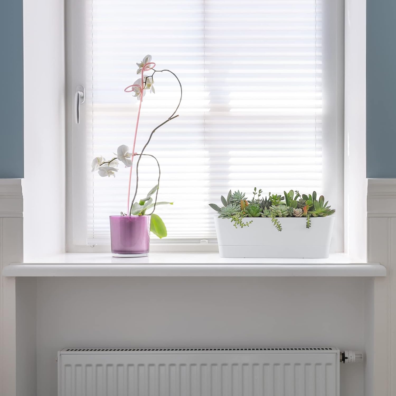 Skelang 3 Pcs Rectangular Plant Pot, 12" Watering Container with Drainage Hole, Window Planter Box with Saucer for Succulents, Flowers, Indoor Plants