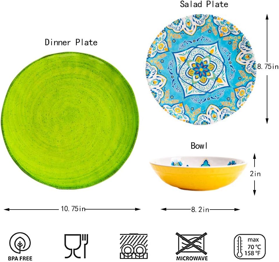 Melamine Dinnerware Set 12 Pcs Durable Dishware Colorful Plate Bowl Set Dishwasher Safe Shatter Proof Chip Resistant Not Microware Not Oven