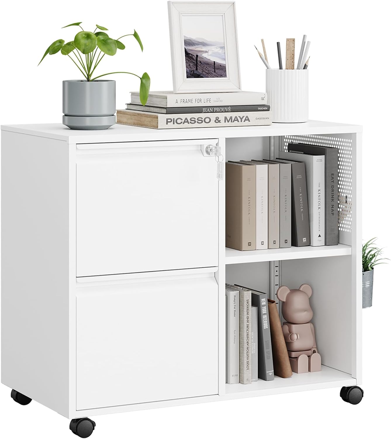 MIIIKO 3 Drawer File Cabinet with Lock, Metal Lateral Rolling Printer Stand Filing Cabinets for Home Office Storage,A4, Letter,File Folders(White)