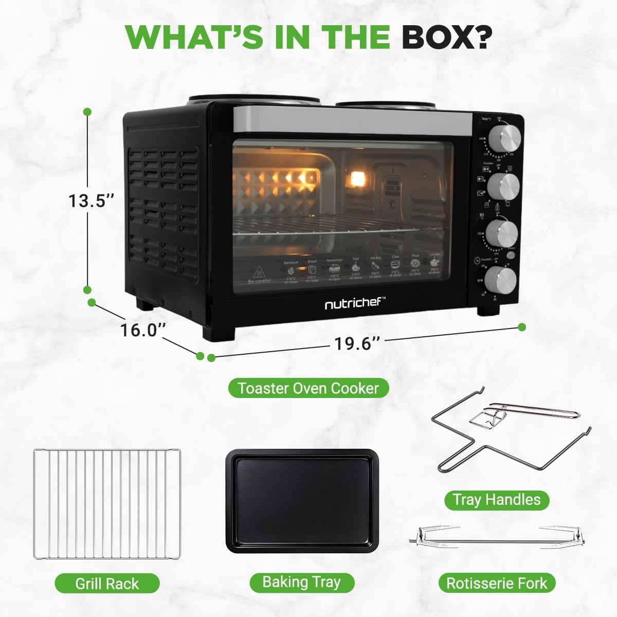 NutriChef 30 Quart Kitchen Convection Oven & 2 Burner Cooker - 1500 Watt Oven - 7 Cook Functions Rotisserie, Cook, Bake