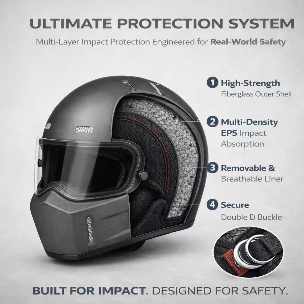 CRG Sports Retro Full Face Motorcycle Helmet, DOT Approved Fiberglass Street Bike Helmet with Clear Visor, Lightweight Cafe Racer Cruiser Motorcycle Helmet