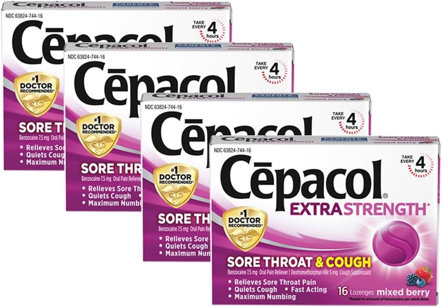 Cepacol Extra Strength Sore Throat & Cough Relief Lozenges, 16 Count, Mixed Berry Flavor, Maximum Numbing, Fast Acting Relieves Sore Throat Pain, and Quiets Cough (Pack of 4)