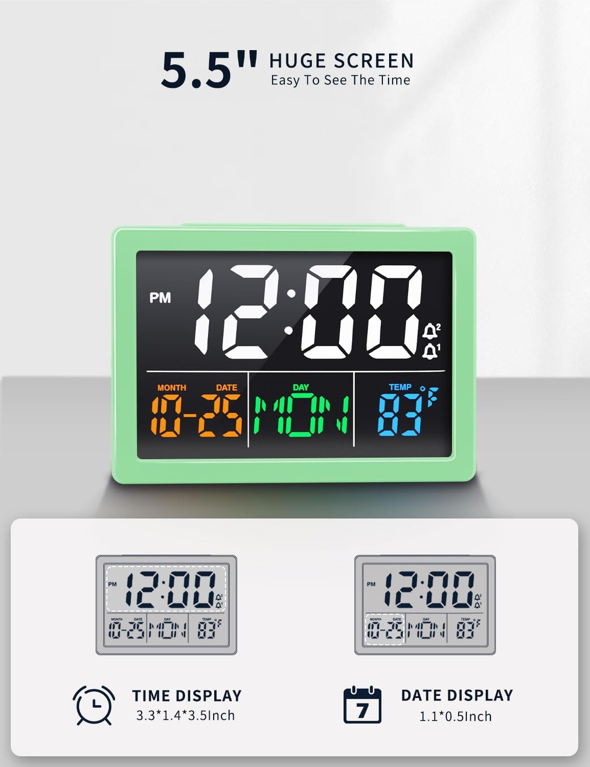 JALL Digital Clock with Date Day for Seniors, Electric Alarm Clocks for Bedrooms with Temperature, 2 Alarms, Dimmer, Dual USB Charger, Battery Backup