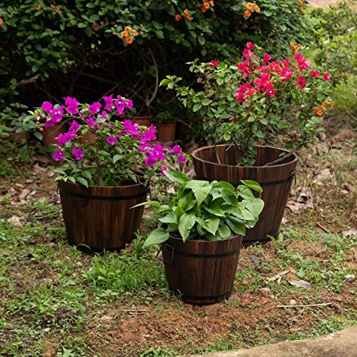 Rustic Wooden Whiskey Barrel Planter with Durable Medal Handles and Drainage Hole - Perfect for Indoor and Outdoor Plants, Herbs, and Vegetables - Medium