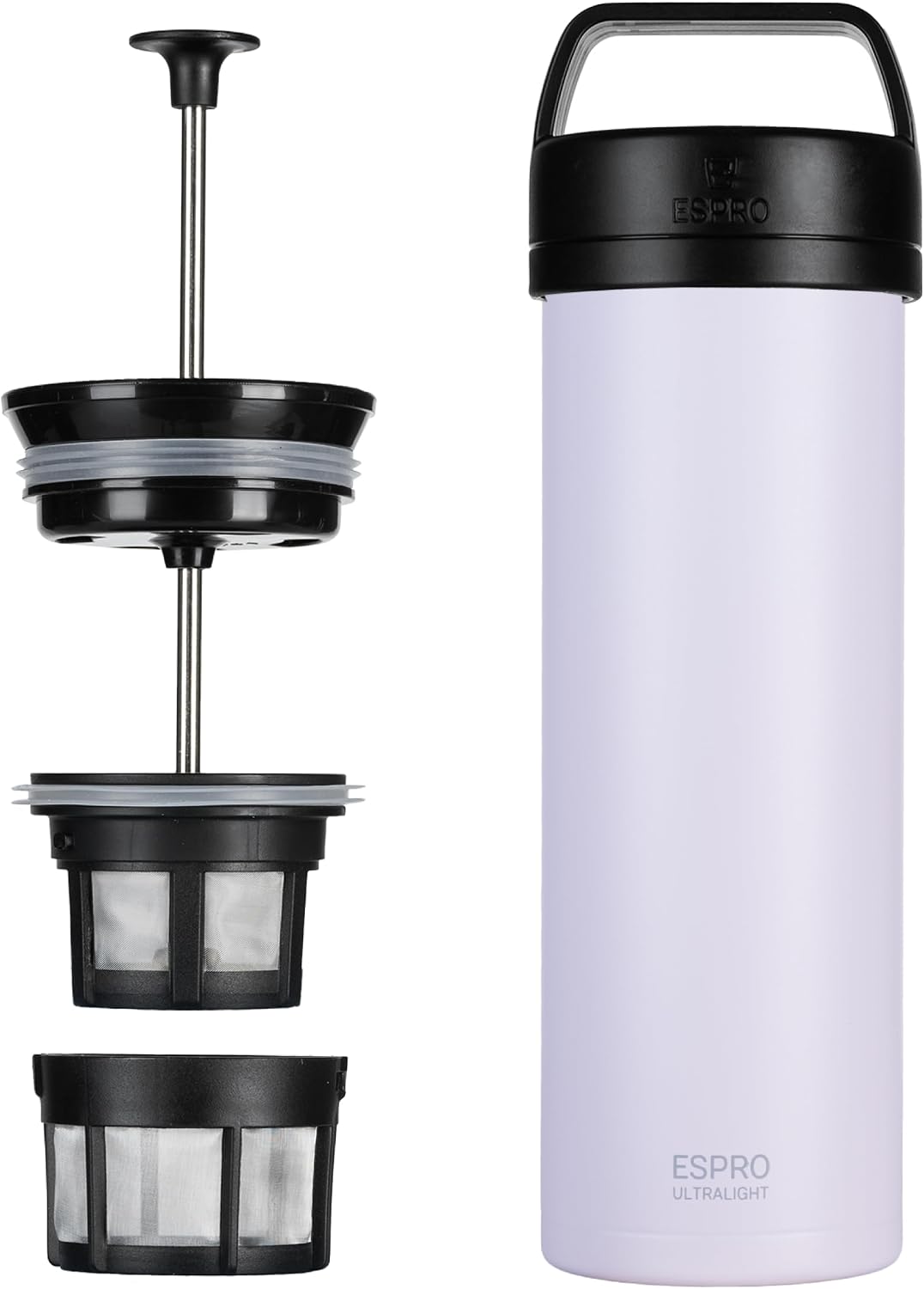 ESPRO Go P0 Ultralight French Press Coffee Maker for Travel, Vacuum Insulated Stainless Steel, 16 Ounces, Matte Meteorite Black