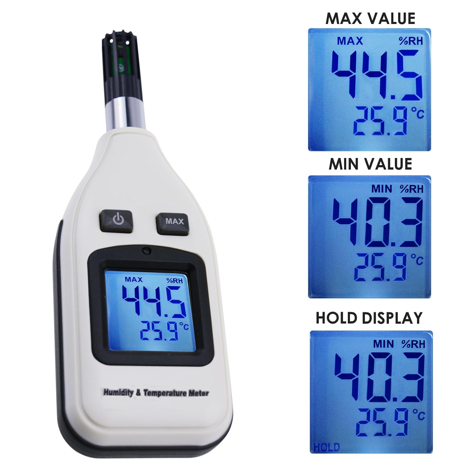 Digital Humidity 0~100% RH and Temperature Meter, 30~70°C, MAX/MIN Hold, Handheld Portable with LCD Backlight