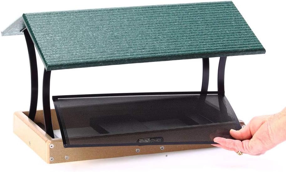 Birds Choice SNFT-300 Fly-Thru Feeder, Recycled Pole Mounted Bird Feeder, Large, Taupe/Green | Recycled Plastic Platform with Roof, Welcomes Cardinals, Jays and Other Wild Birds, 19in x 15.75in x 13in