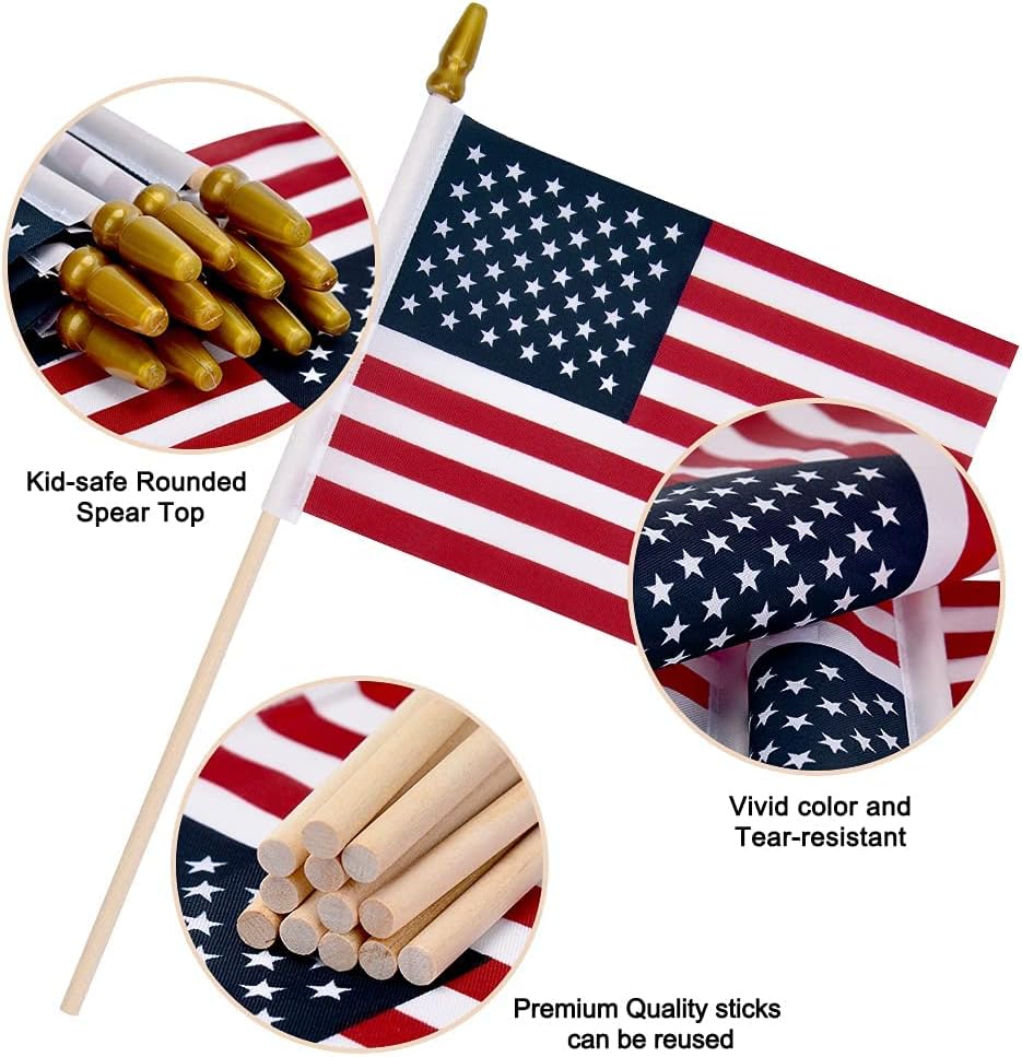12 Pack Small American Flags on Stick Small US Flags/Mini American Flags for Outside 4x6 Inch American Hand Held Stick Flags with Kid-Safe Spear Top