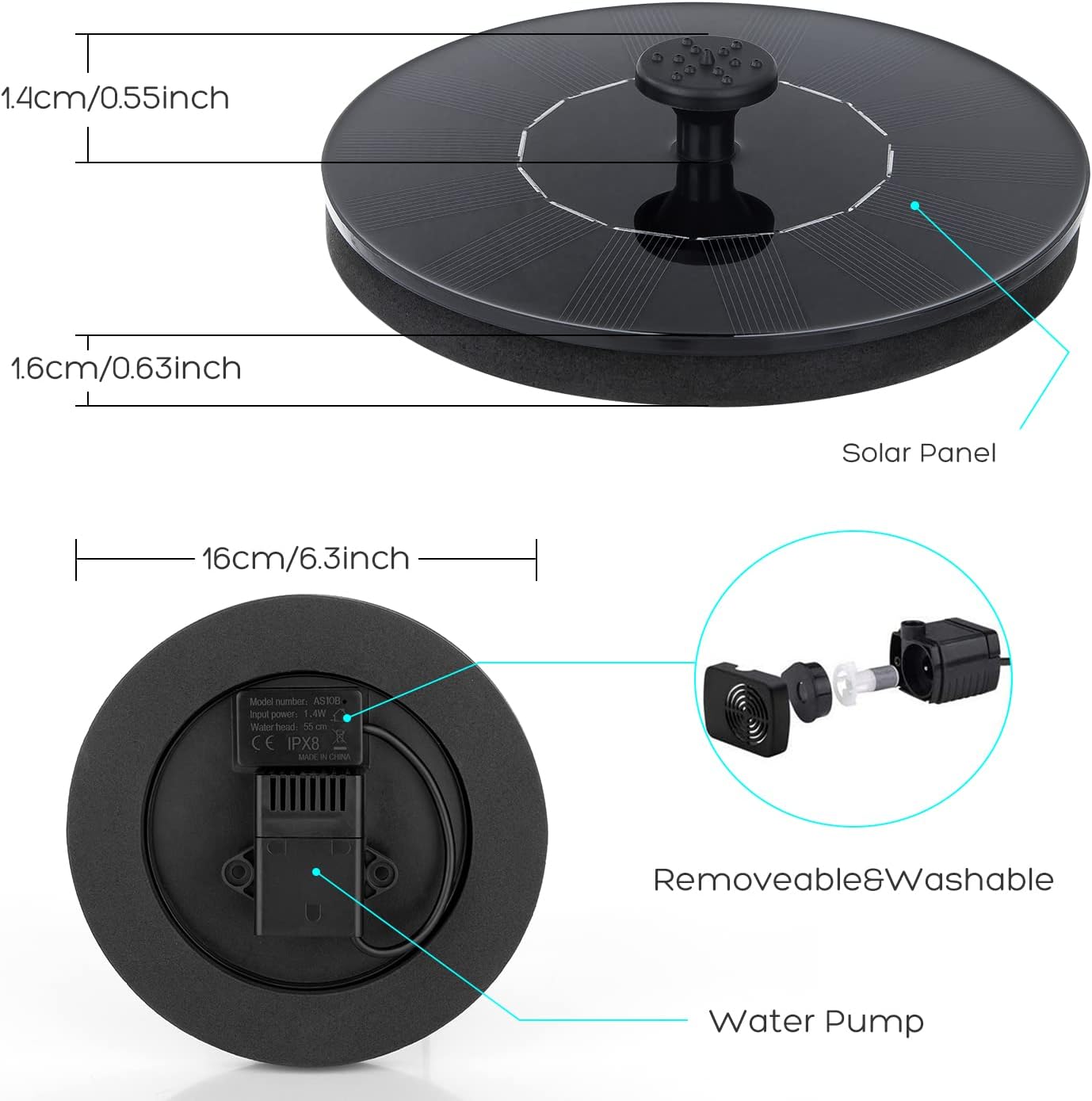Mademax Solar Bird Bath Fountains, Upgrade 1.4W Solar Fountain Pump with 8 Nozzles & 4 Brackets