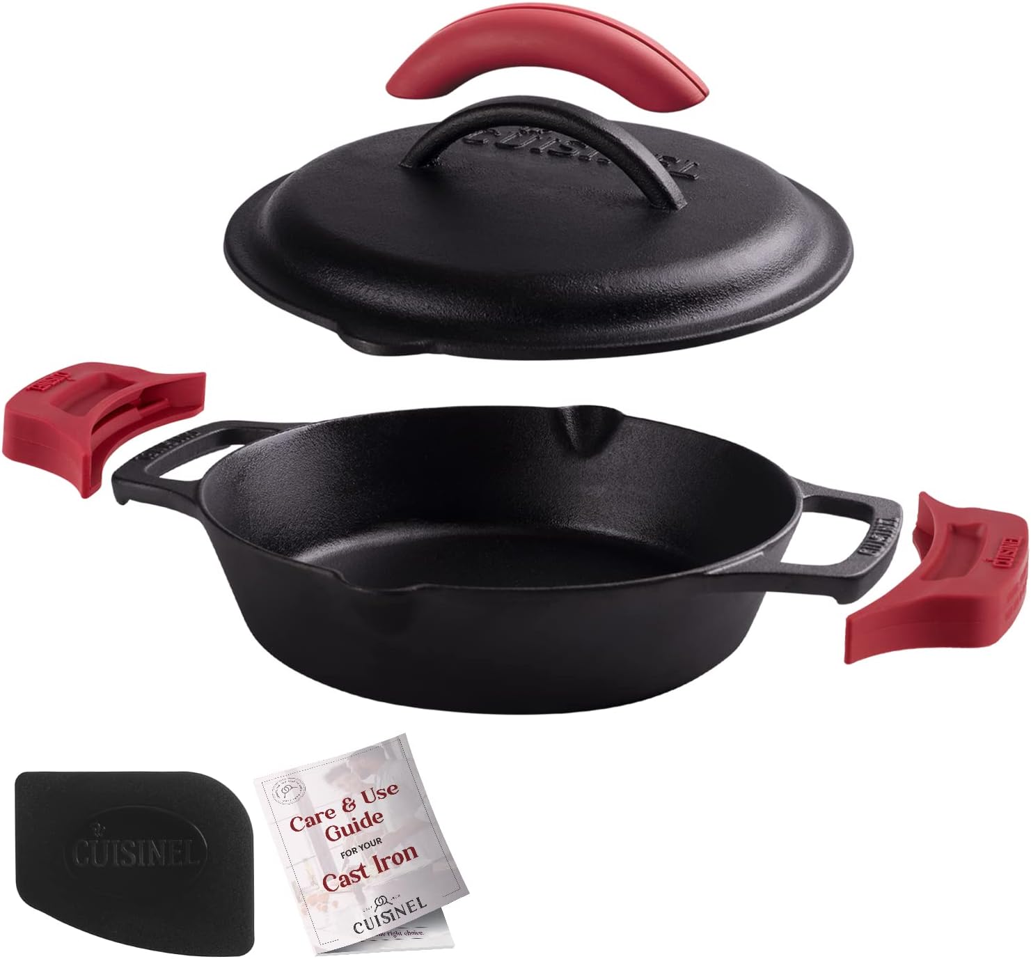 Cuisinel Cast Iron Skillet with Lid - 10"-Inch Pre-Seasoned Frying Pan + Glass Cover + Heat-Resistant Handle Holder - Indoor/Outdoor Use - Grill, Stove, Camp Firepit, Induction - Oven Safe Cookware