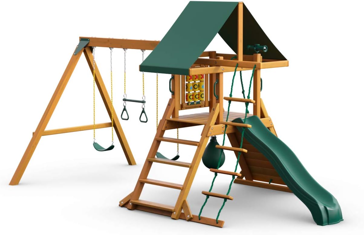 Gorilla Playsets 01-1059-AP High Point Wood Swing Set with Green Vinyl Canopy, Two Swings, Rock Climbing Wall, Slide, Amber