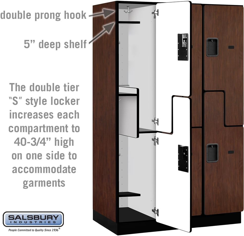 Salsbury Industries 2-Tier S-Style Extra Wide Designer Wood Locker with Three Wide Storage Units, 6-Feet High by 21-Inch Deep, Mahogany