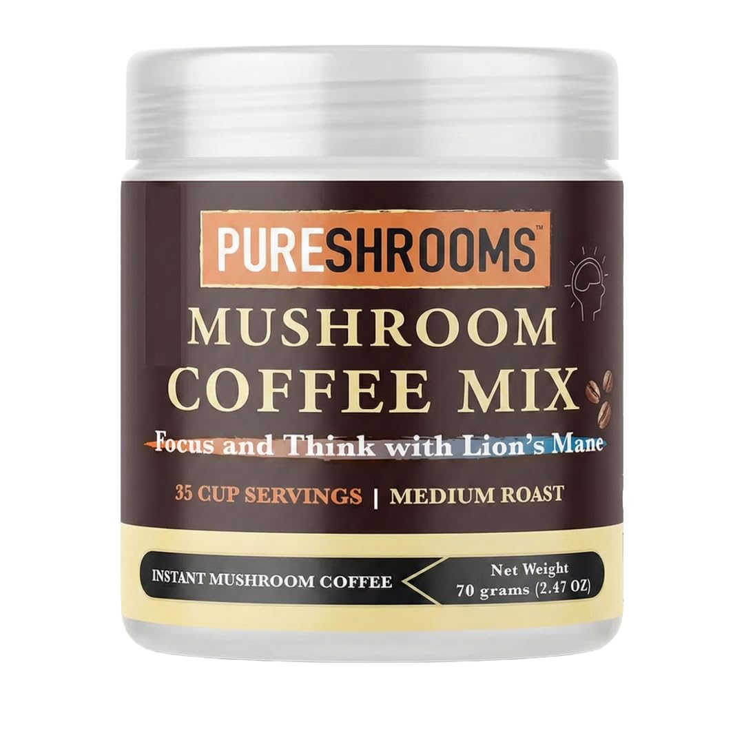 PureShrooms Mind & Body Mushroom Coffee - Instant Colombian Arabica with Organic Lion’s Mane, Reishi & Cordyceps - Low Acidity Nootropic Superfood Beverage for Focus & Vitality, 35 Servings/70g