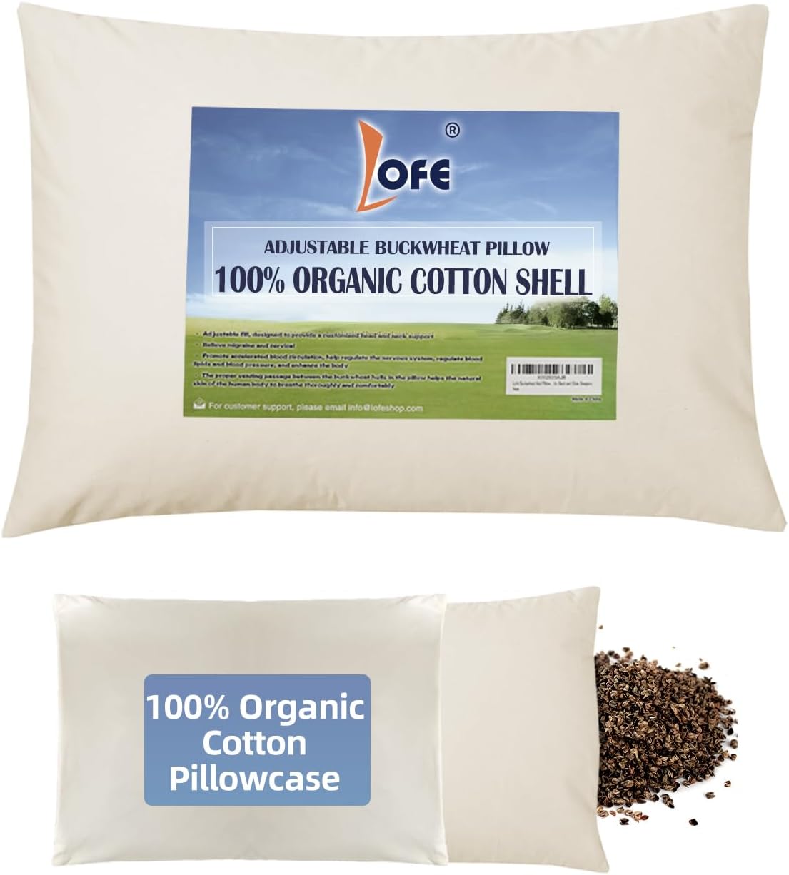 Organic Buckwheat Pillow for Sleeping with Organic Cotton Pillowcase