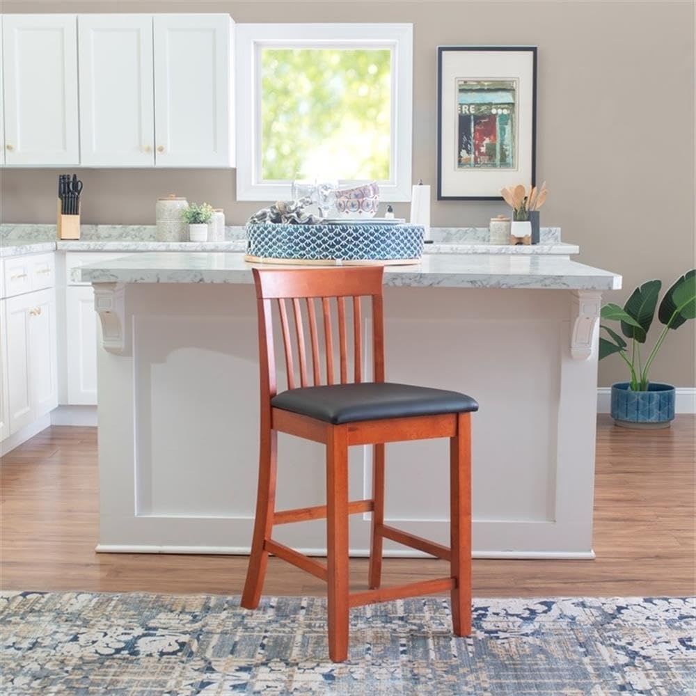 Riverbay Furniture 25" Mission Back Bar Stool, Rubberwood & Faux Leather, Dark Cherry/Black Finish, Counter Height Dining Seat with Padded Easy-Clean Upholstery, 37" H for Kitchen or Home Bar Use