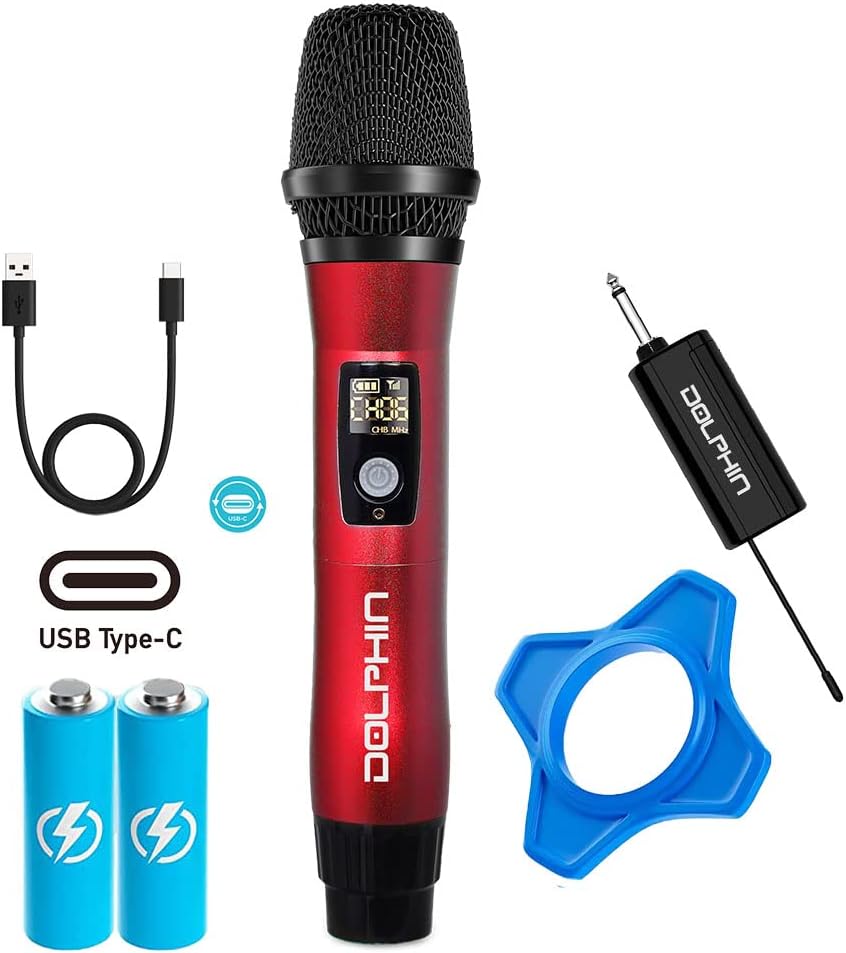 Dolphin MCX11 UHF Wireless Microphone, Rechargeable Karaoke Mic, Red | 50-Channel Anti-Interference, DSP Audio, USB-C Charging, All-Metal Design