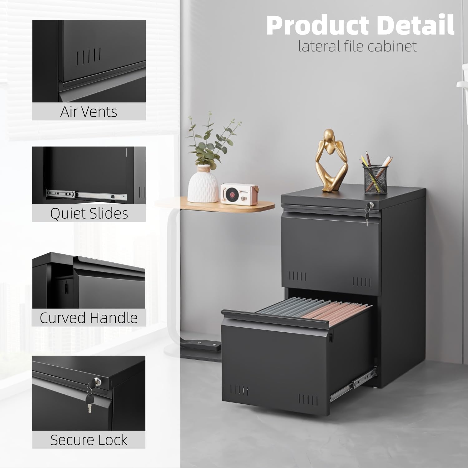Guizeeopo 3 Drawer File Cabinet with Lock, File Cabinets for Home Office,Under Desk Cabinet, Locking File Cabinet for A4/Letter/Legal, Fully Assembled Expect Casters, Matte White