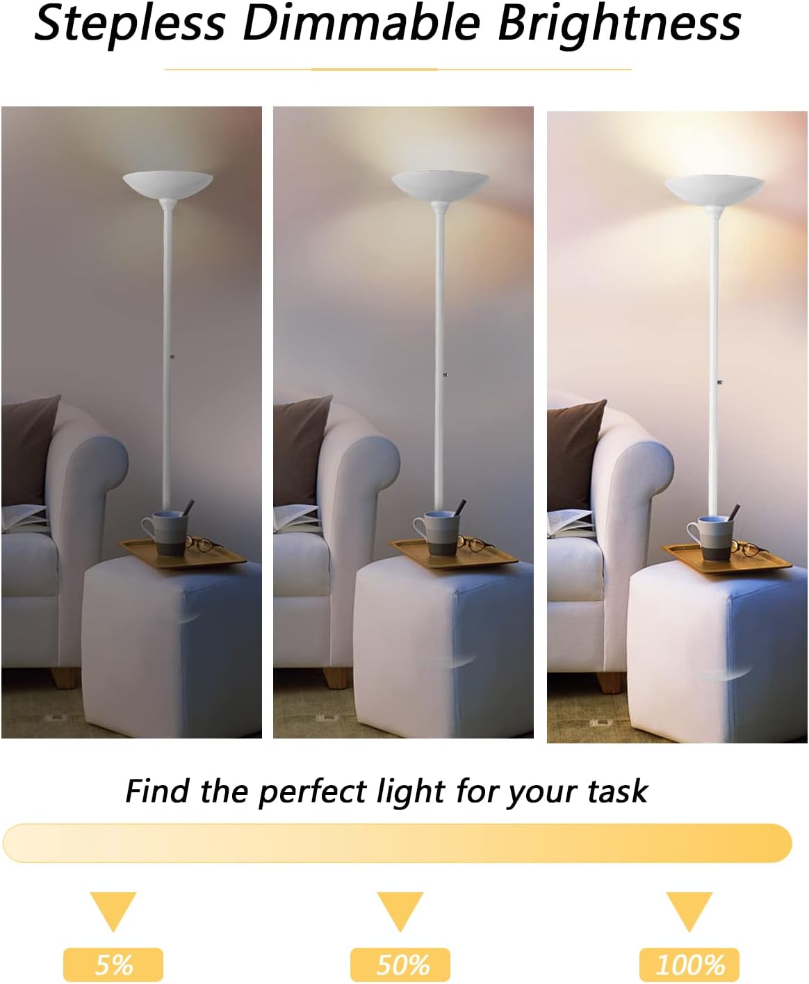 BoostArea Torchiere Floor Lamp, 30W Super Bright LED Standing Lamp, Stepless Dimmable Pole Lamp with 3000K Lighting, Rotary Switch