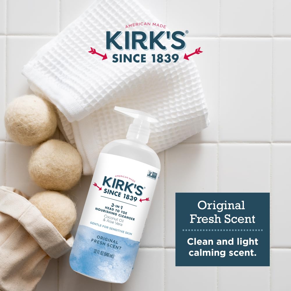 Kirk's Juniper & Lime​ 3-in-1 Nourishing Cleanser, Shampoo Body Wash Bubble Bath, Coconut Oil and Aloe Vera, Vegan Non-GMO, 32 Fl Oz