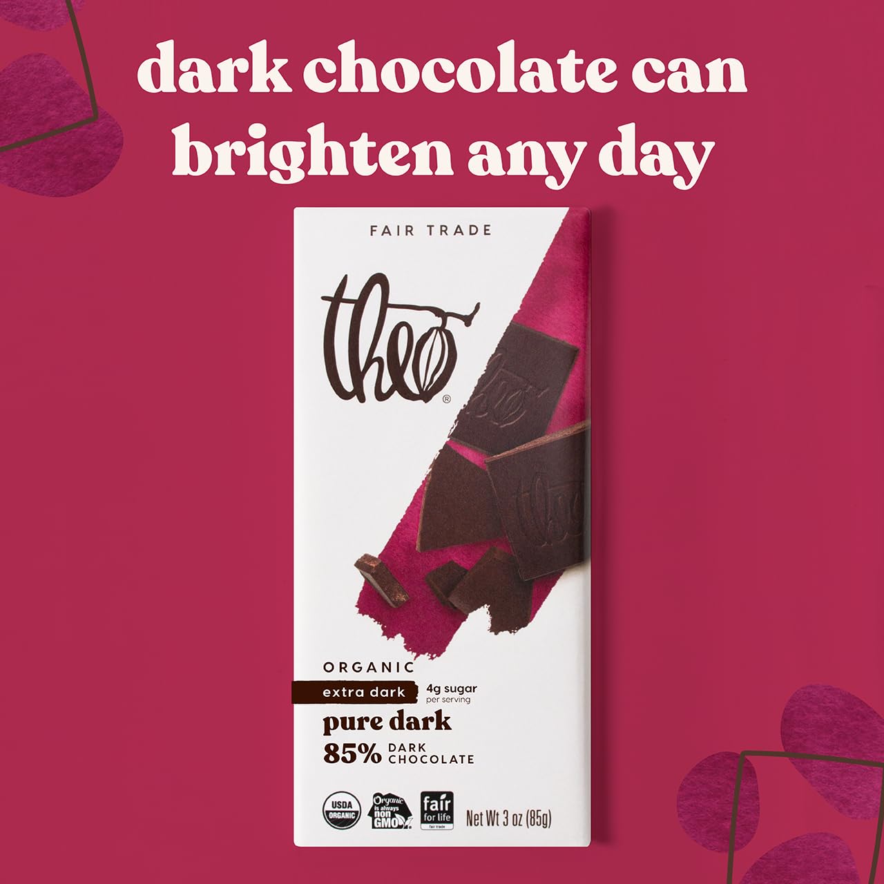 Theo Chocolate Pure Organic Dark Chocolate Bar 85% Cacao, 12 Pack | Vegan, Fair Trade