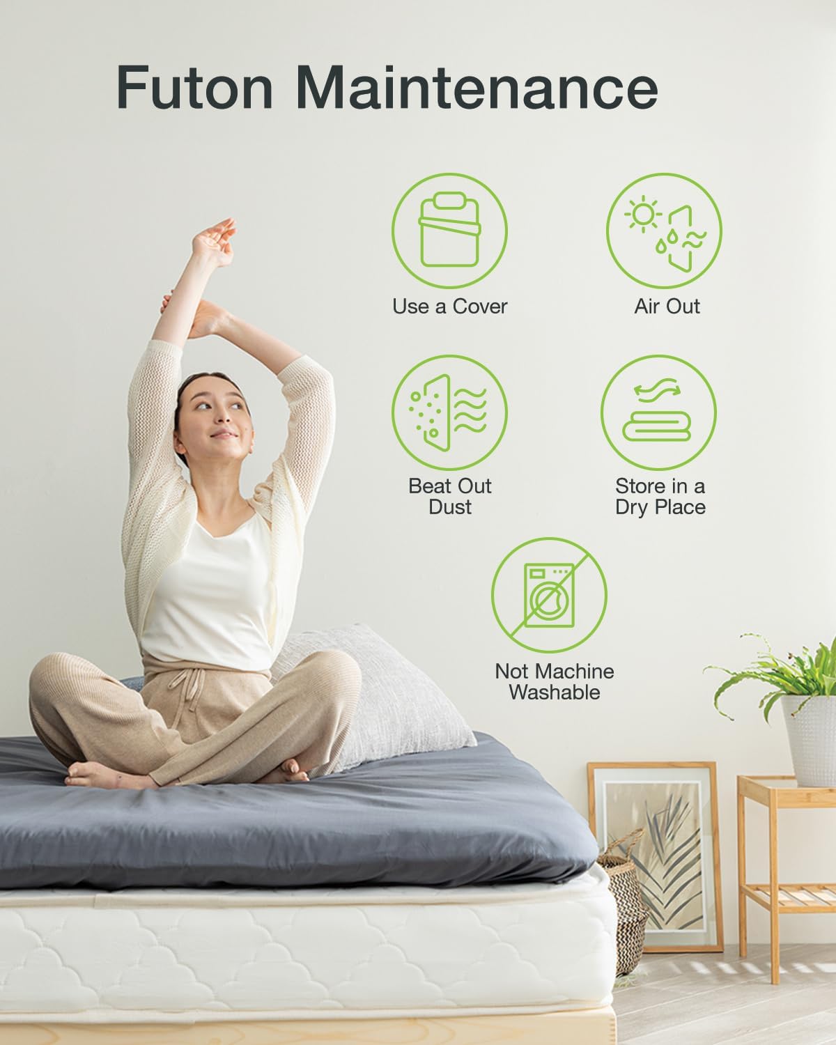 FULI Japanese Futon, Twin XL Size, White - Foldable Shikibuton Floor Bed | Medium Firm Quilted Cotton Sleeping Pad, Portable Roll-Up Japanese Floor Bed for Guests & Small Spaces, 100% cotton surface