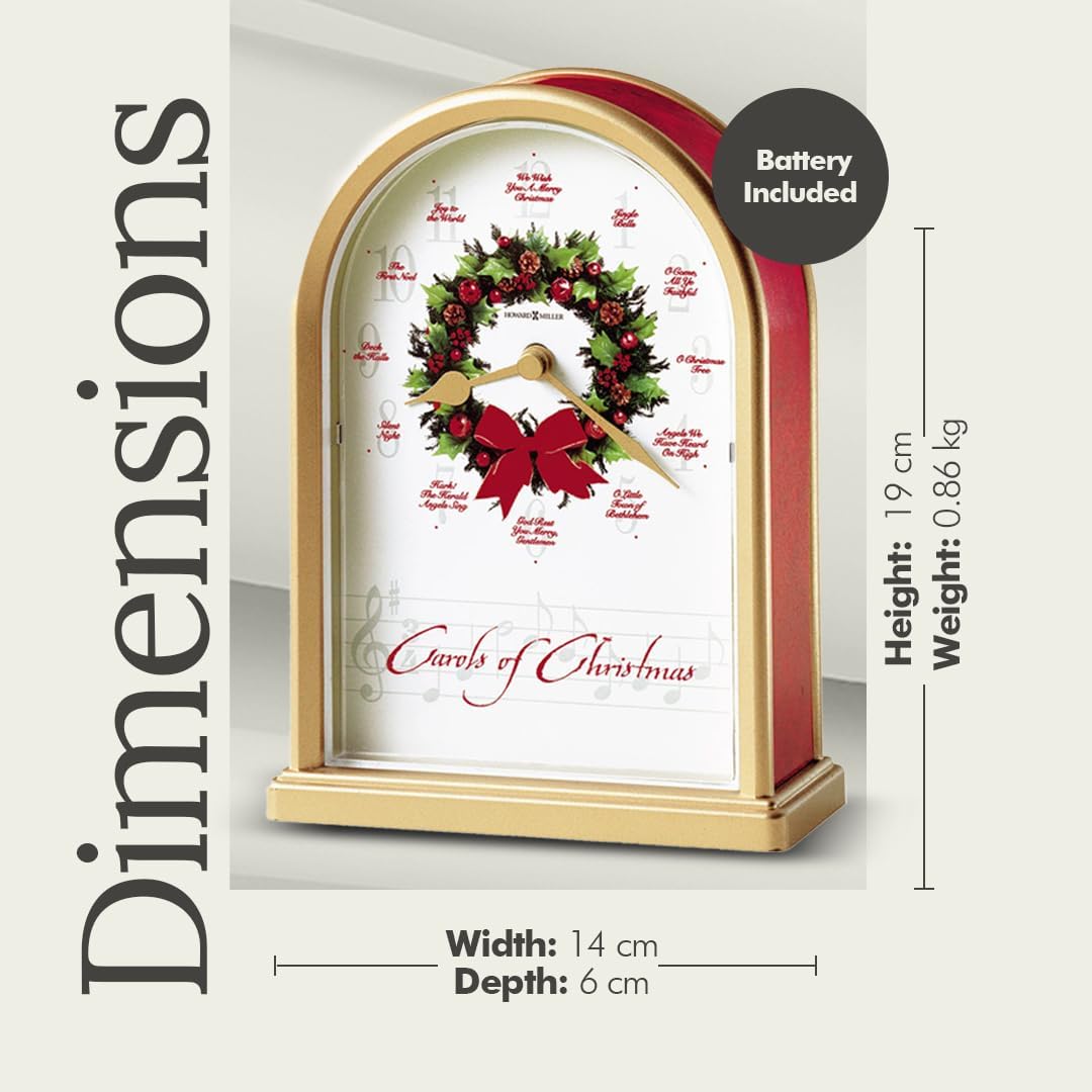 Howard Miller Carols of Christmas II Tabletop Clock – Satin Brass Finish, 12 Classic Carols, Hourly Chime, Battery Operated, Festive Wreath Design