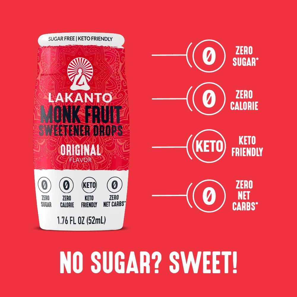 Lakanto Liquid Monk Fruit Extract Drops, Original, 1.76 Fl Oz | Erythritol Free Sugar Substitute Sweetener, For Coffee, Tea, Smoothies, Oatmeal, Yogurt, Cocktails, Zero Sugar, Vegan, Keto