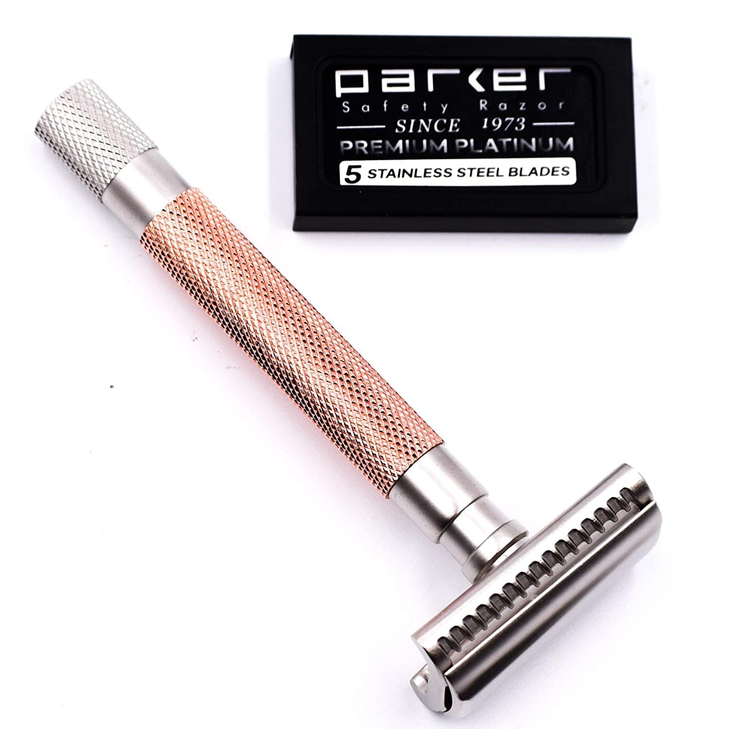 Parker Semi-Slant Safety Razor – Satin Chrome Finish | Smooth, Efficient Double Edge Wet Shaver for Men | Slanted Cutting Action + 5 Platinum Blades Included | Iconic Brand