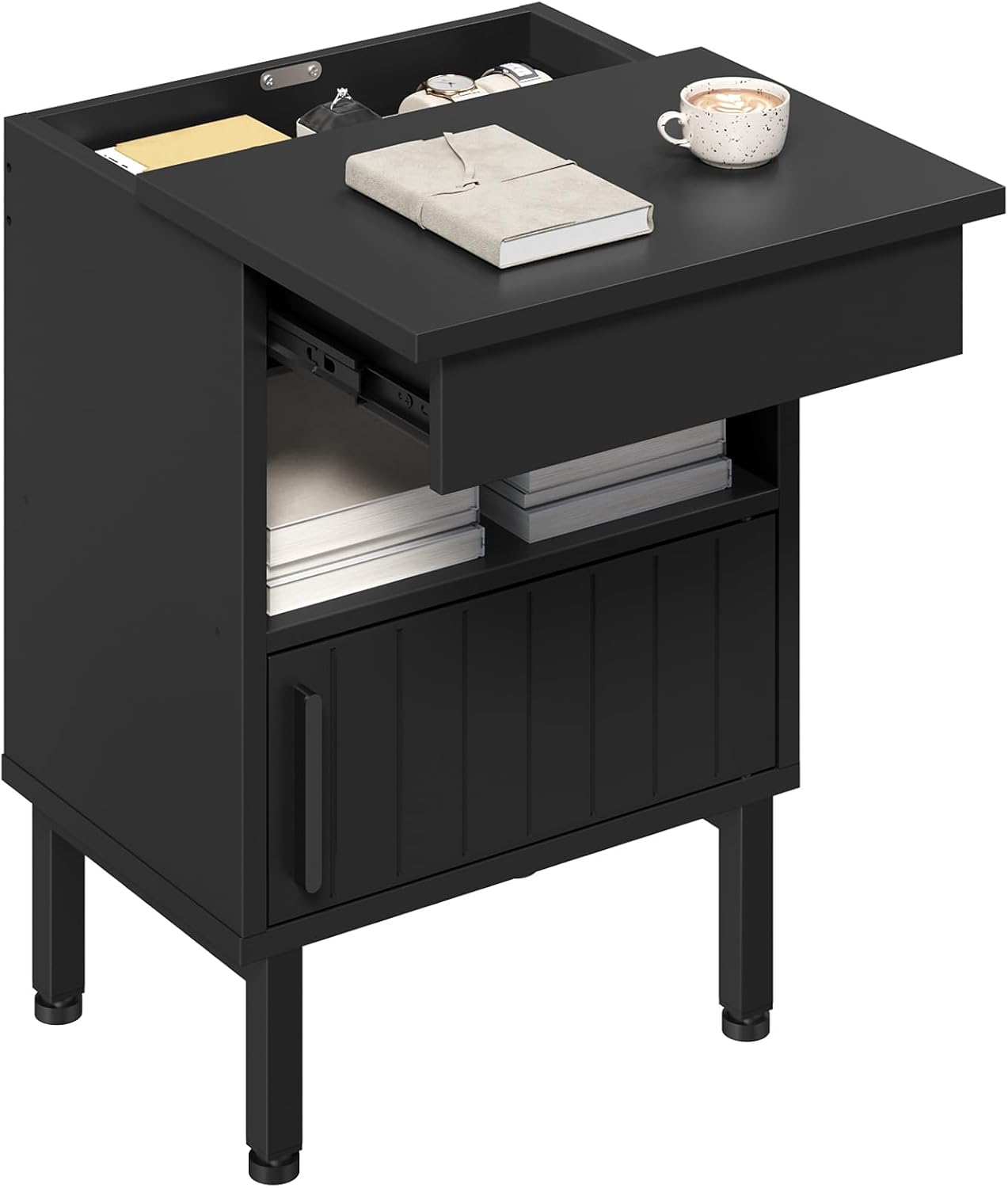 Small Nightstand with Gun Drawer, Bedside Table with Hidden Compartment, End Table with Storage, Night Stand for Bedroom, Office, Black ET22BB