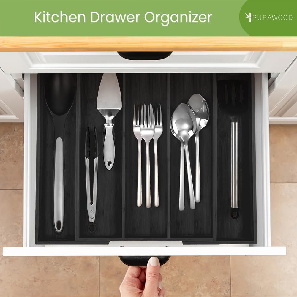 Purawood Kitchen Drawer Organizer - Expandable Utensil Drawer Organizer for Kitchen, Cutlery Tray & Silverware Organizer
